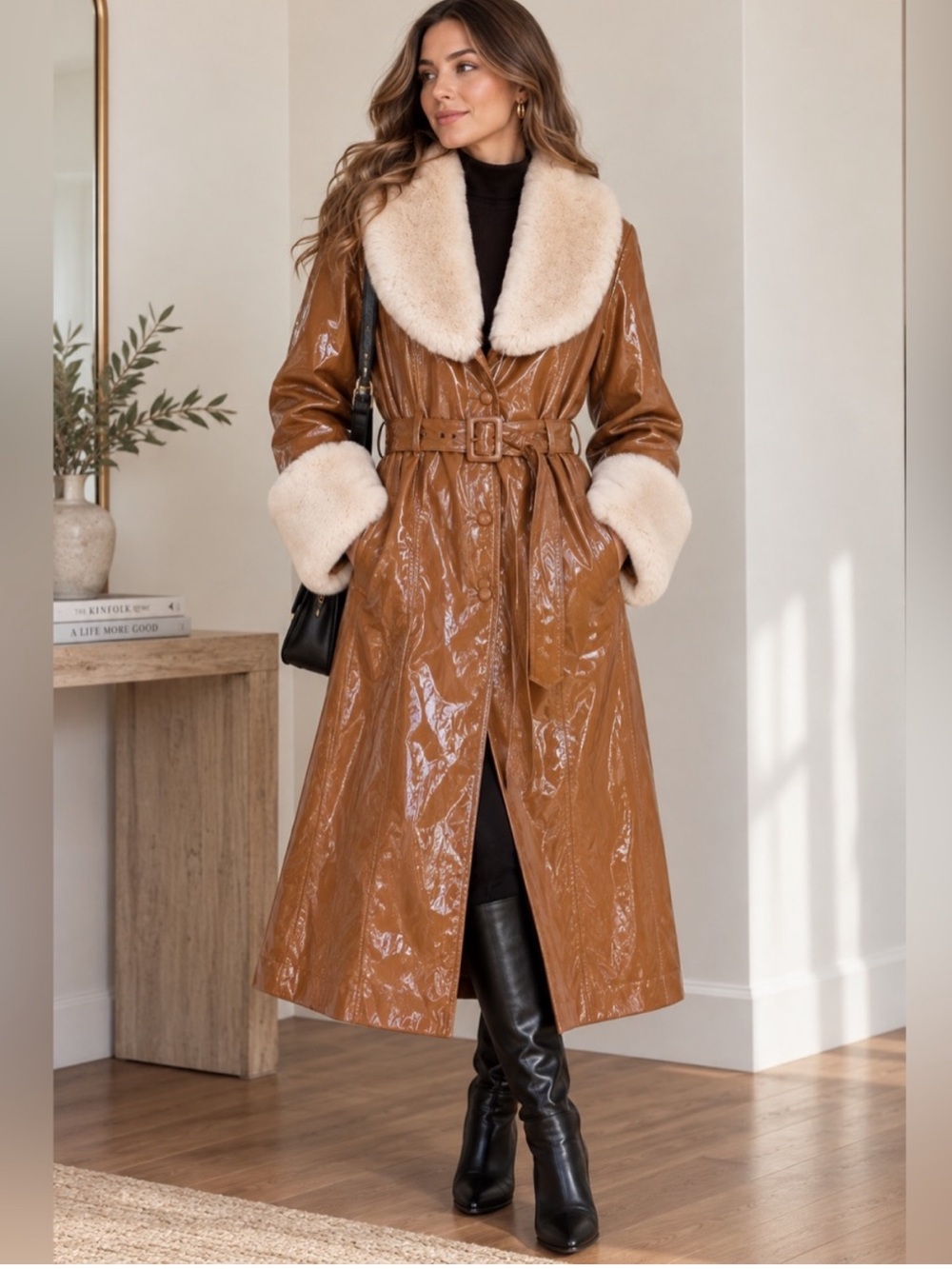 Elie Tahari Rosewood Vegan Leather Faux Fur Trench Coat XL NWOT